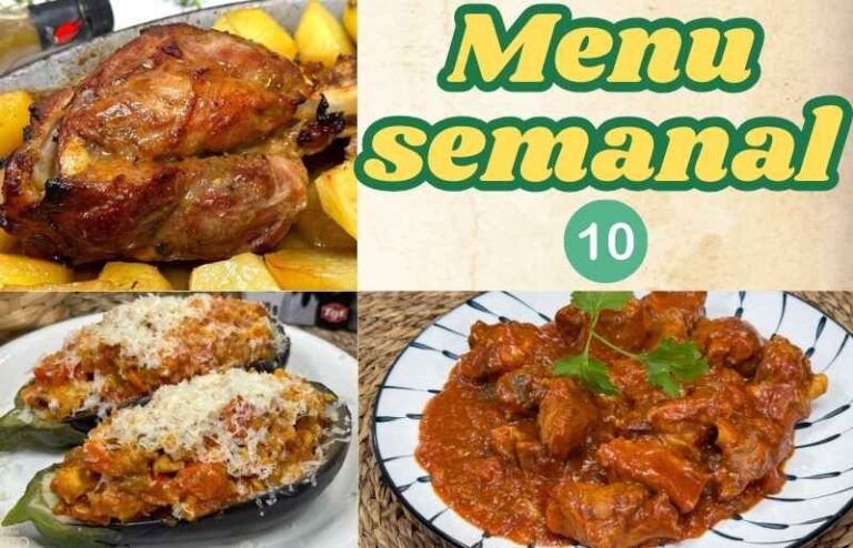 Menú semanal con recetas variadas como cordero al chilindrón, berenjenas rellenas de pollo, sándwich Montecristo, pollo con piña, codillo al horno, marmitako de salmón y fideuá de verduras. Platos equilibrados y sabrosos para toda la familia.