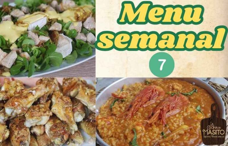 Delicioso menú semanal con recetas variadas, desde ensalada de pollo hasta arroz meloso con carabineros.