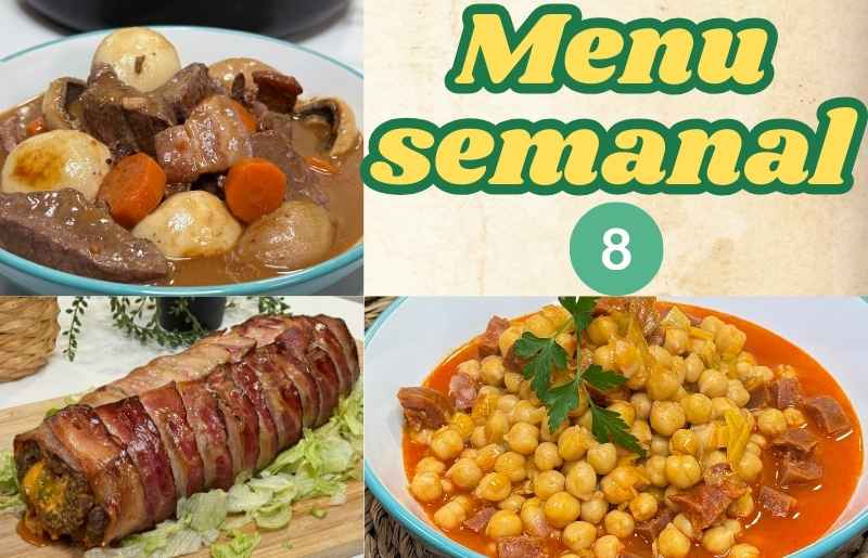 Menú semanal con platos tradicionales y fáciles de preparar, como estofado de ternera, arroz tres delicias y ensaladilla rusa.