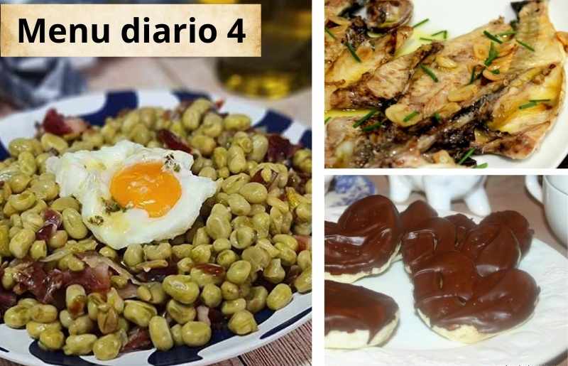Plato completo con habas con jamón, lubina a la espalda y palmeras de chocolate.