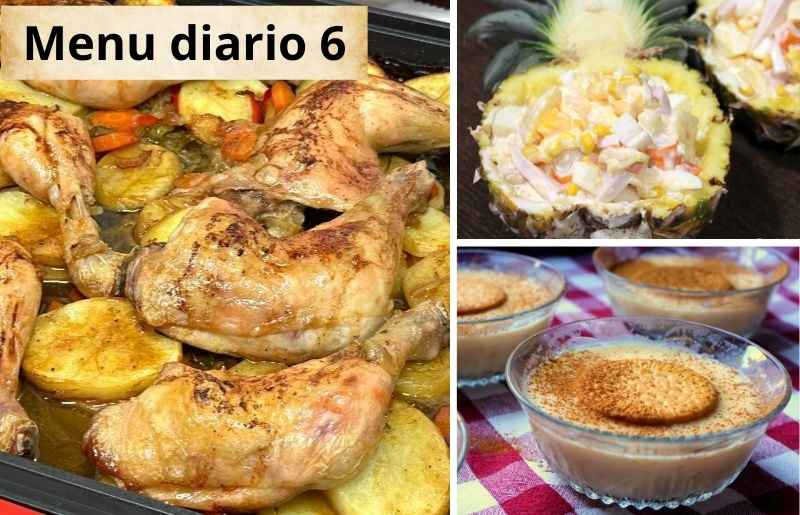 Menu diario con ensalada, pollo y natillas