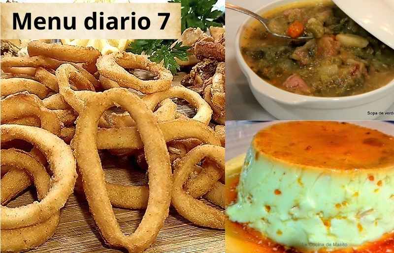 Menú completo y equilibrado con sopa de verduras casera, crujientes calamares a la andaluza y flan de huevo tradicional.
