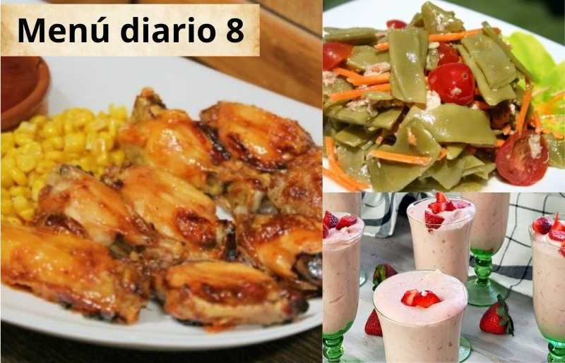 Menú casero con ensalada de judías verdes, alitas de pollo crujientes y mousse de fresa cremosa.