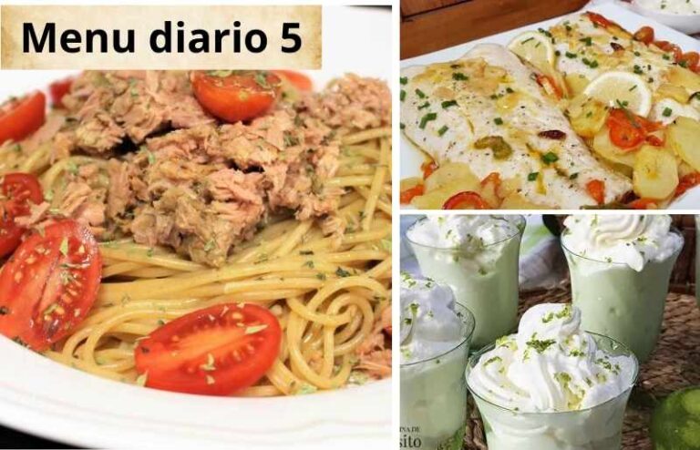 "Menú equilibrado y casero con espaguetis integrales con atún y tomate cherry, merluza al horno con patatas y pimientos, y mousse de limón de postre."