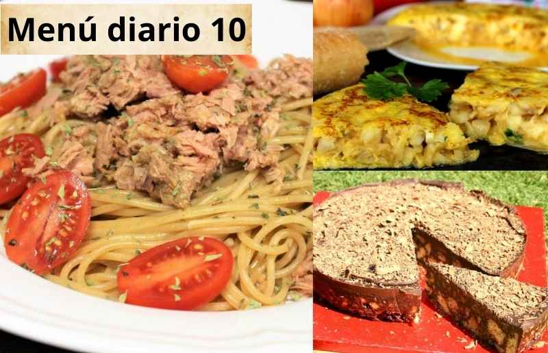 Menú completo con espaguetis integrales con atún, tortilla de bacalao y tarta de galletas Campurrianas, ideal para una comida equilibrada y deliciosa.