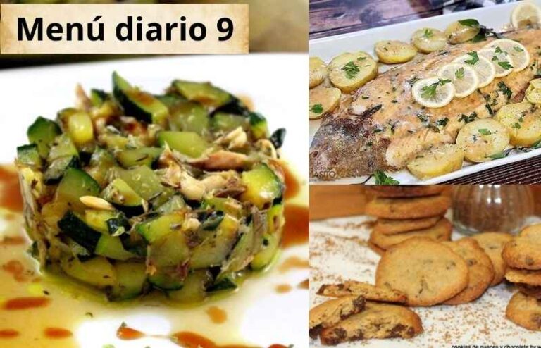 Plato completo con calabacín con atún, lenguado a la meunière y galletas de chocolate y nueces como postre.