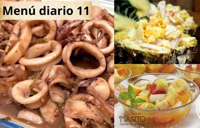 Menú completo con ensalada de piña fresca, chipirones afogaos y macedonia de frutas caseras.