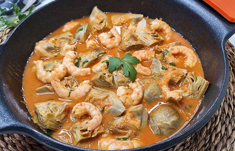 Receta de alcachofas La cocina de Masito, con unas alcachofas a la marinera o alcachofas con gambas riquísimo