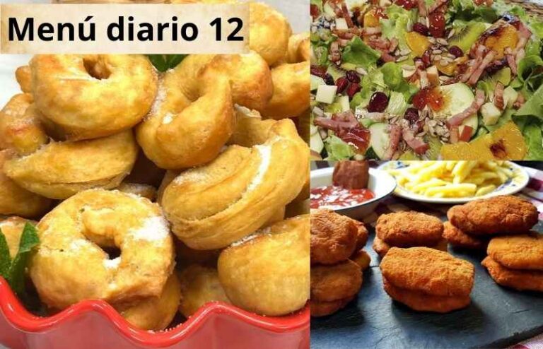 Plato con nuggets de pollo dorados y crujientes, acompañado de una ensalada de frutas frescas y unas rosquillas de limón esponjosas y aromáticas.