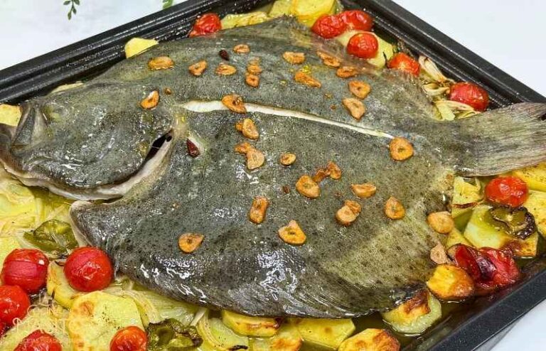 Rodaballo al horno con patatas panaderas y refrito de ajo