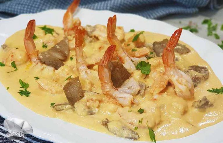 Langostinos a la crema con setas